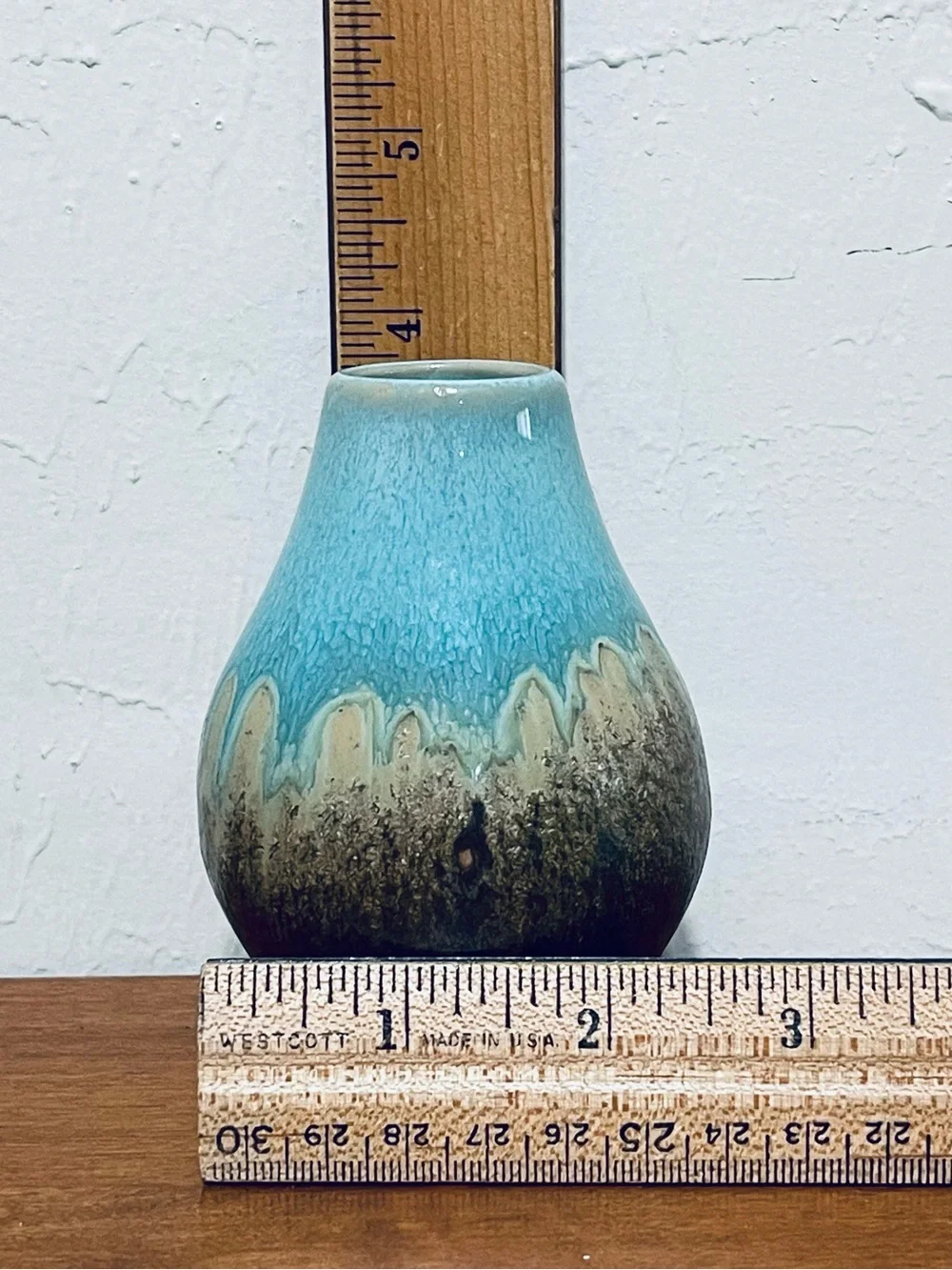 Artisan Studio Pottery Small Vase Turquoise Drip Glaze Brown Crystalline Base 4